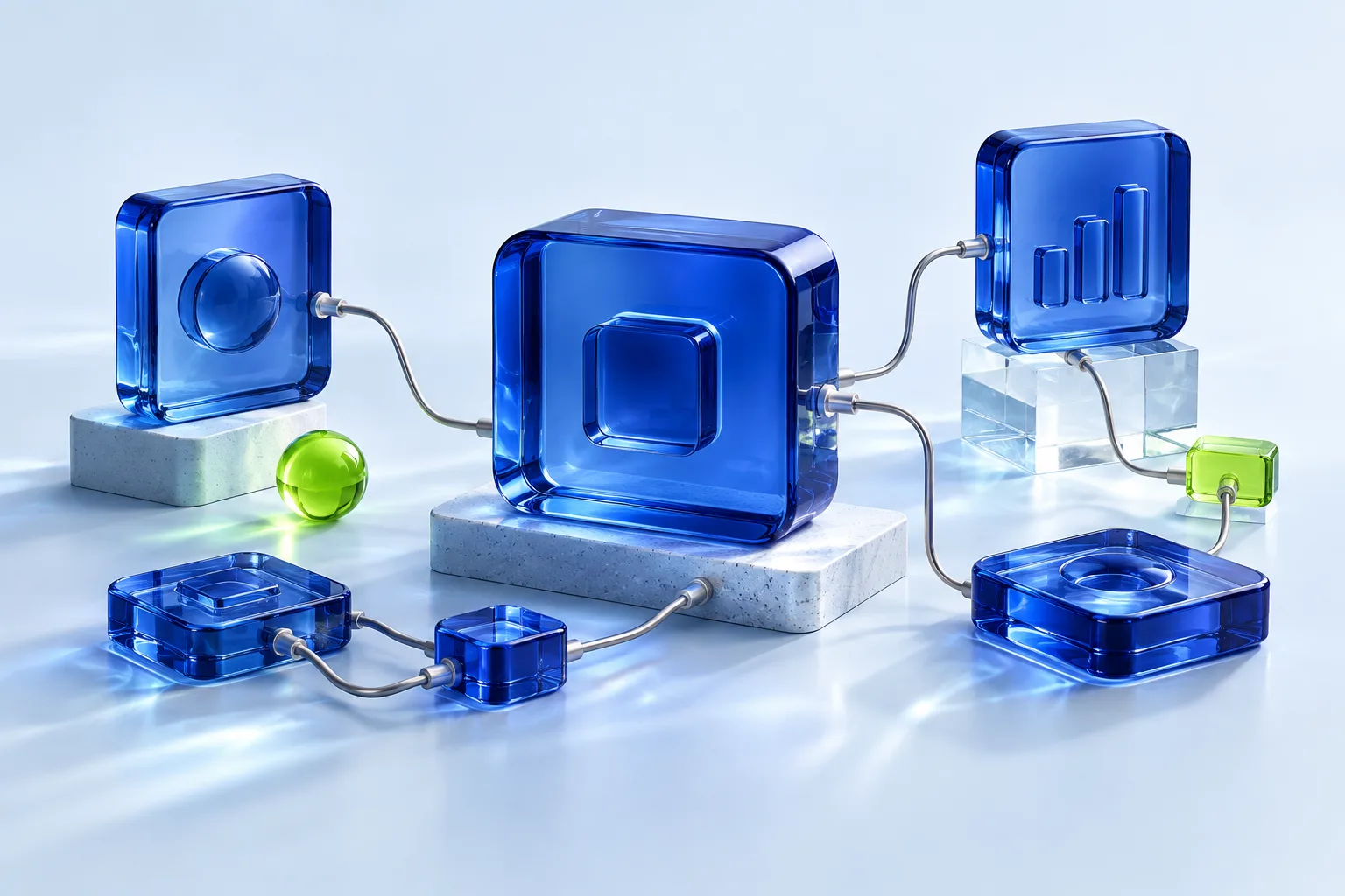 Translucent blue modules connected into an abstract workflow